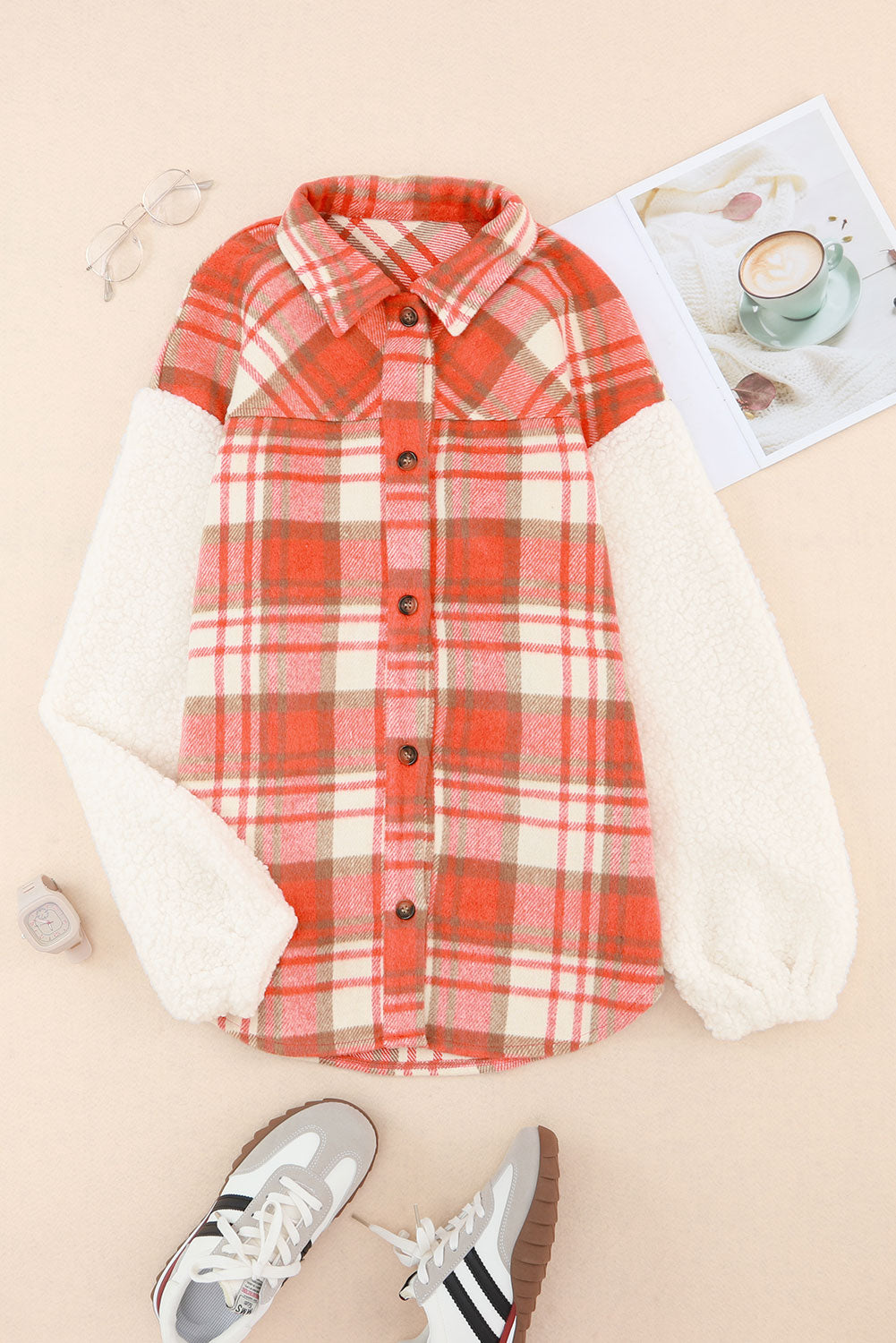 Red Sherpa Sleeve Plaid Print Shacket