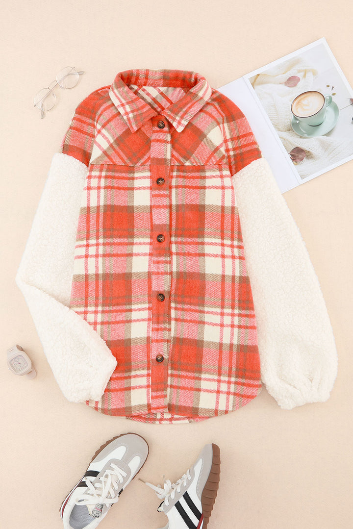 Red Sherpa Sleeve Plaid Print Shacket