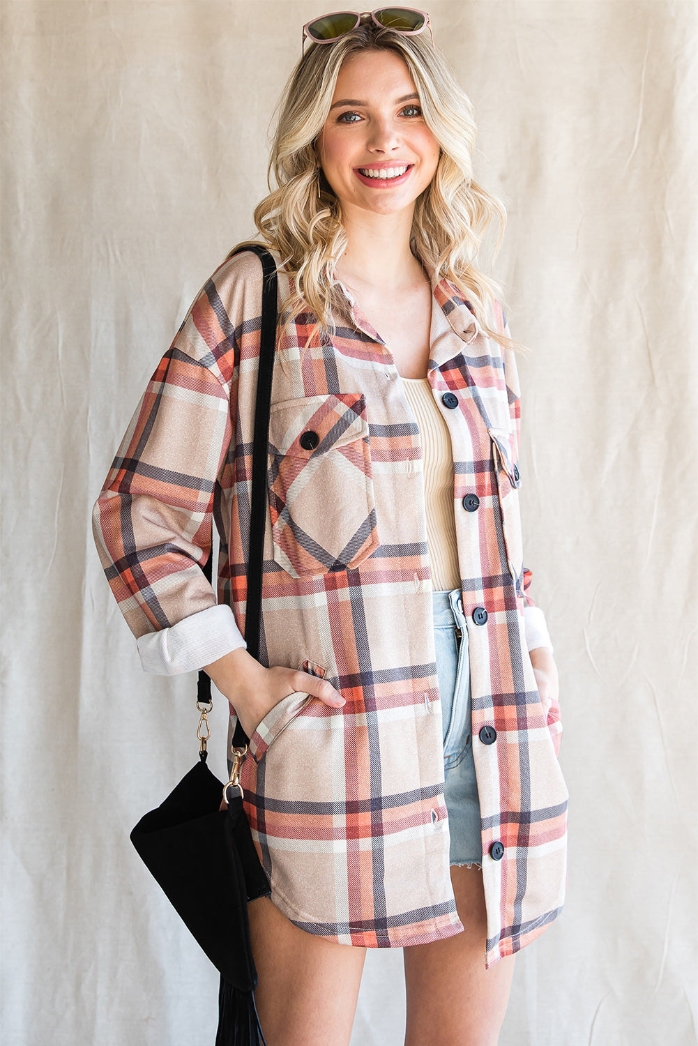 Khaki Chest Pockets Buttoned Oversized Plaid Shacket