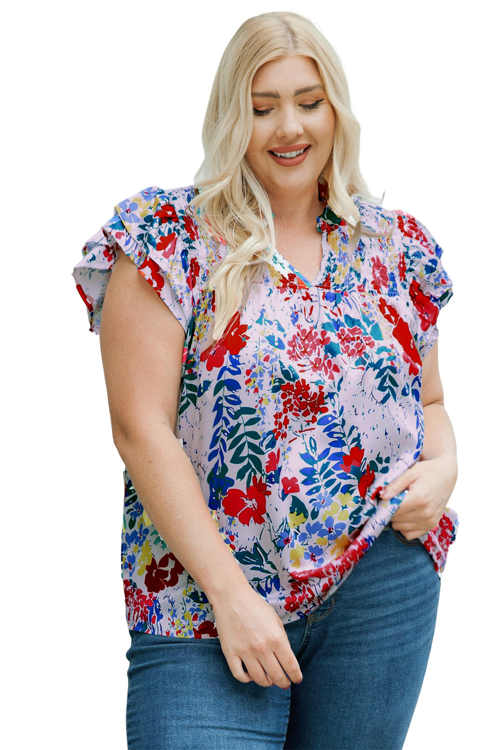 Red Plus Floral Print Ruffle Cap Sleeve V Neck Blouse