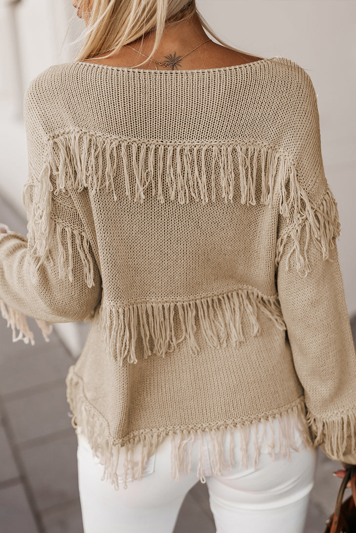 Khaki Boho Tasseled Knitted Sweater