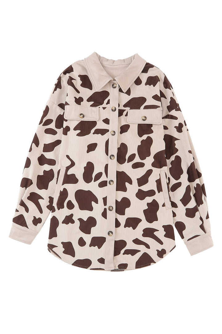 Khaki Cow Spots Printed Corduroy Shacket