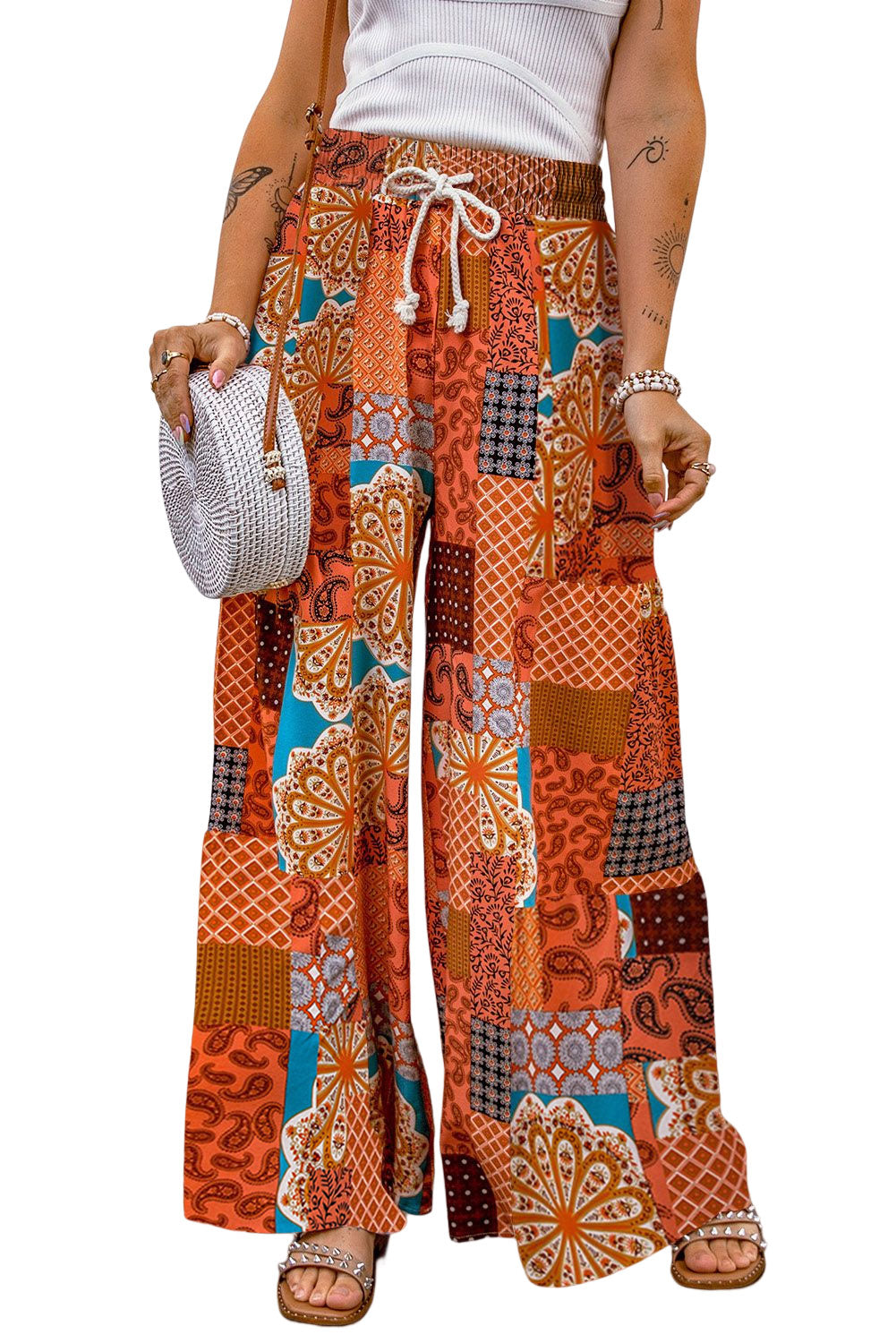 Orange Boho Patchwork Print Drawstring Wide Leg Pants