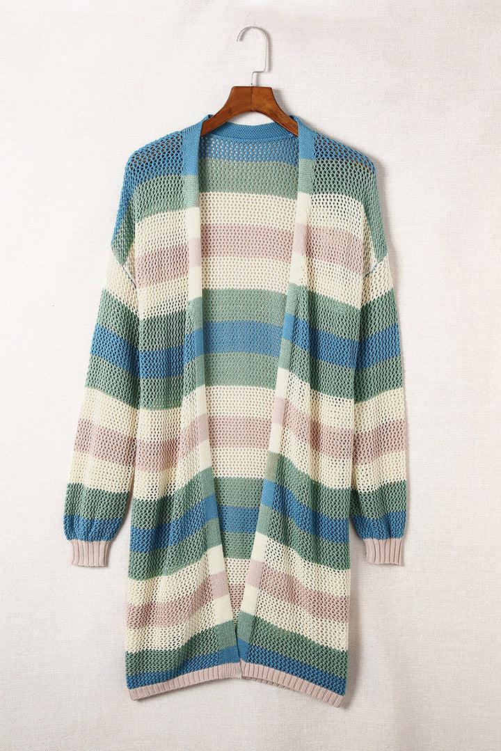 Green Striped Color Block Hollowed Knit Cardigan