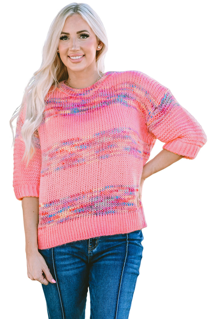 Rose Colorful Stripes 3/4 Sleeve Loose Sweater