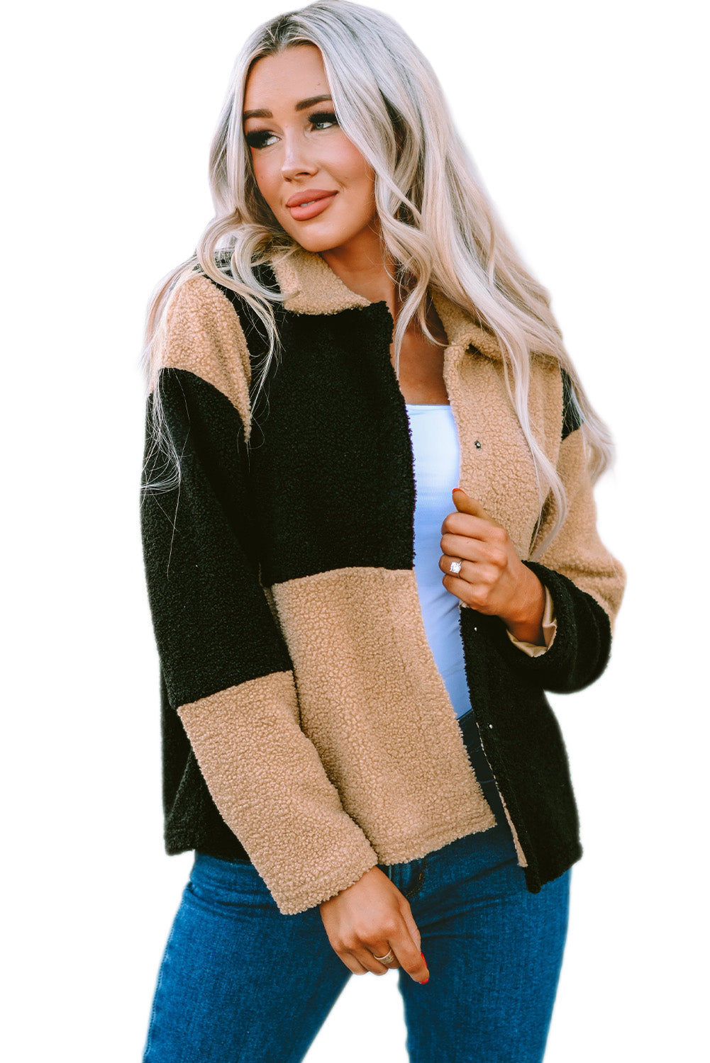 Black Colorblock Checkered Sherpa Jacket