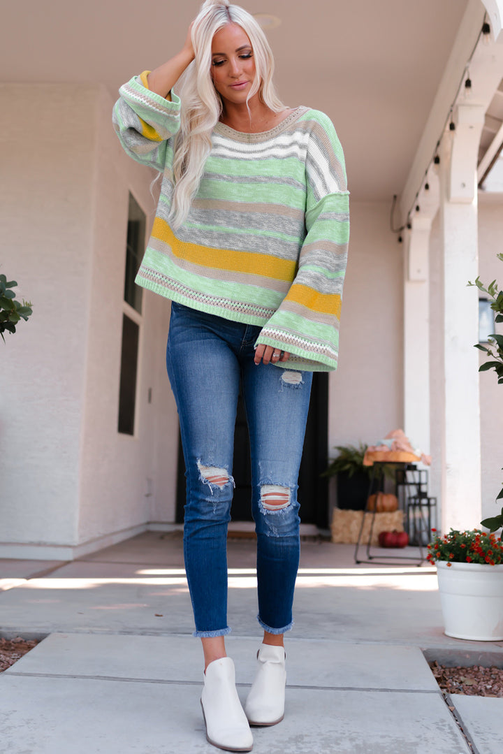 Green Striped Bell Sleeves Loose Sweater