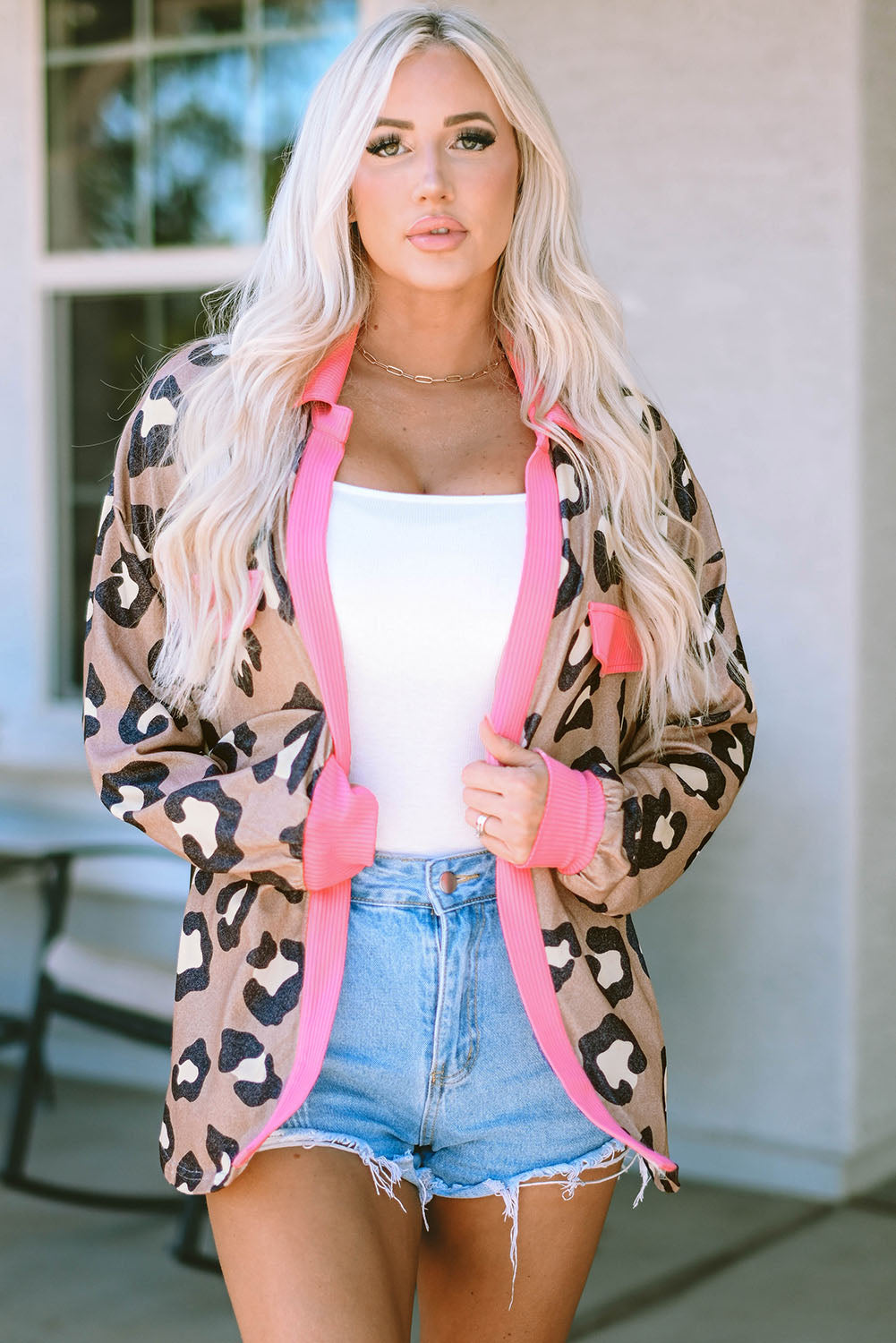 Leopard Ribbed Contrasting Trim Collared Jacket