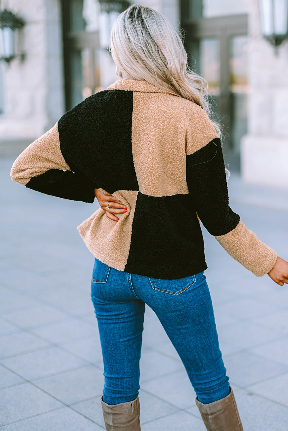 Black Colorblock Checkered Sherpa Jacket