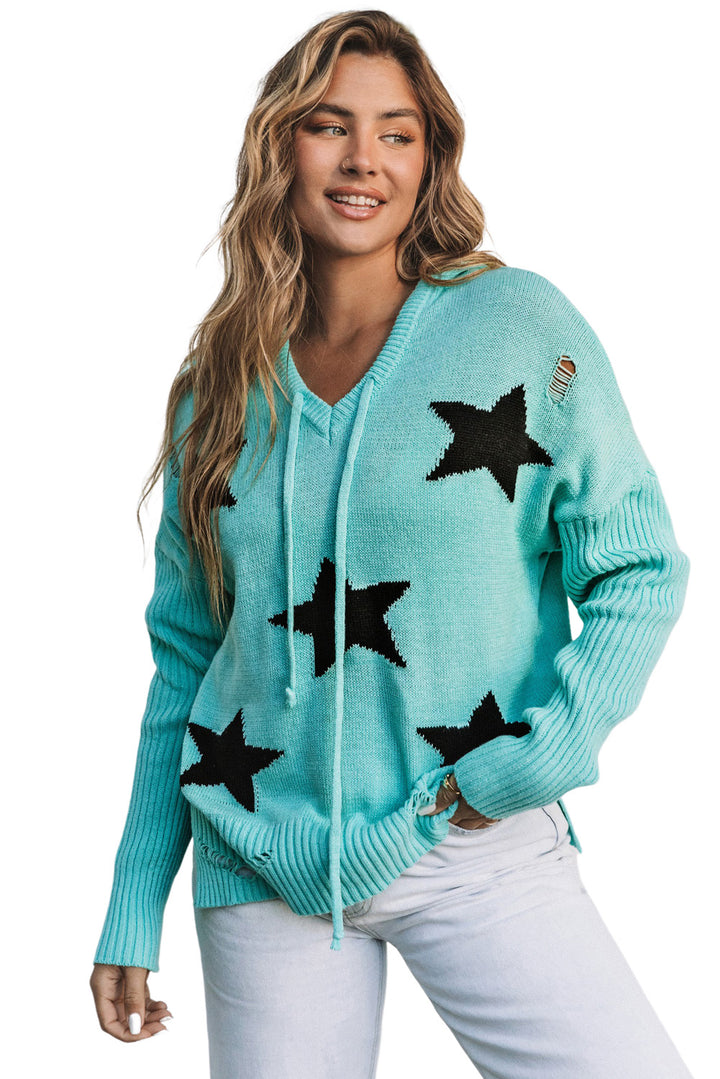 Green V Neck Star Pattern Hooded Sweater with Slits