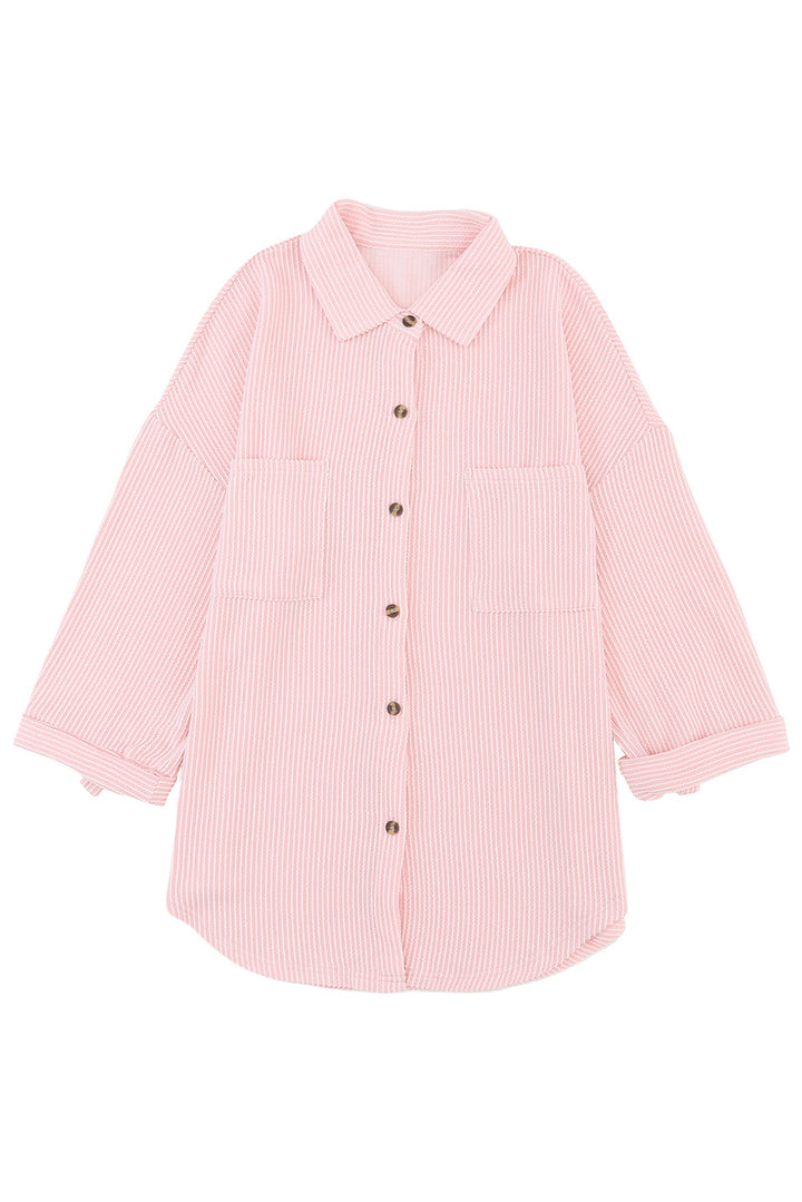 Pink Roll Tab Sleeve Ribbed Cording Shacket