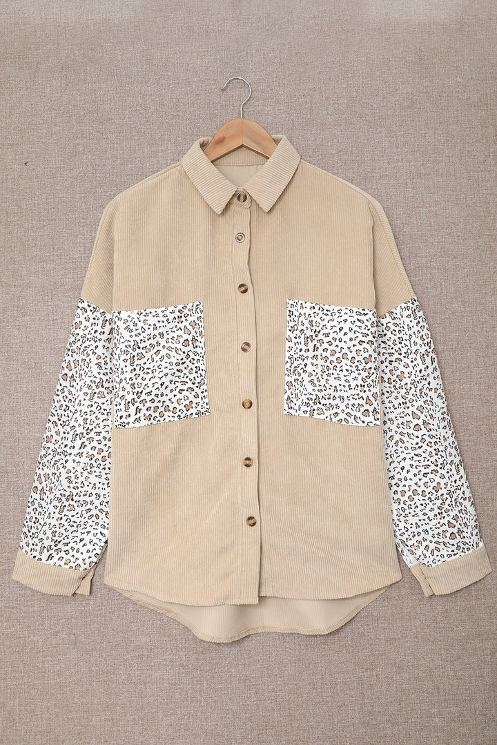 Leopard Patchwork Corduroy Buttoned Shirt Jacket