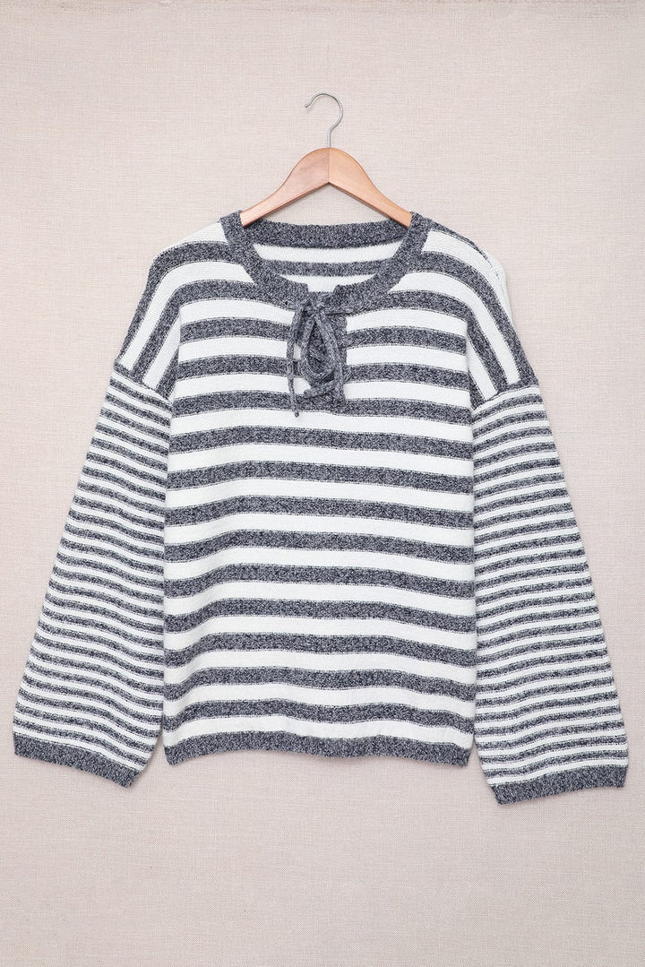 Blue Striped Knit Tie up Sweater