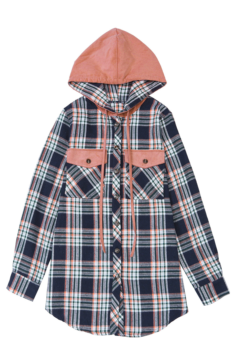 Pink Contrast Hooded Drawstring Plaid Shacket