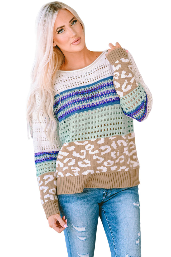 Multicolor Leopard Striped Mix Pattern Knit Crochet Sweater