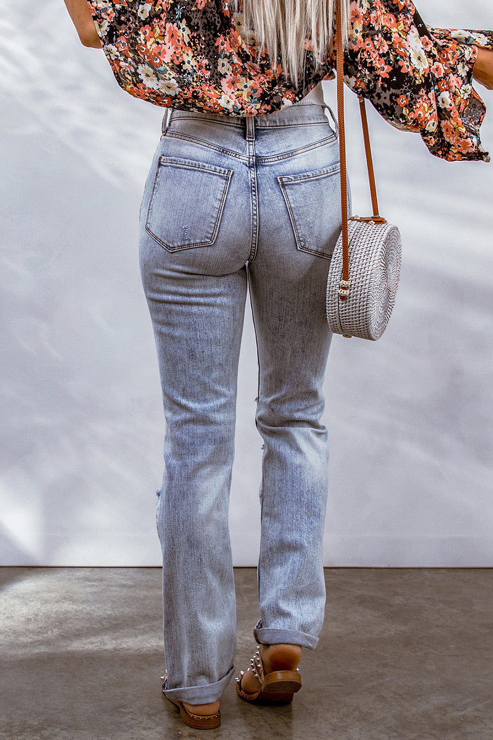 Sky Blue Acid Wash Sheath Straight Leg Distressed Jeans