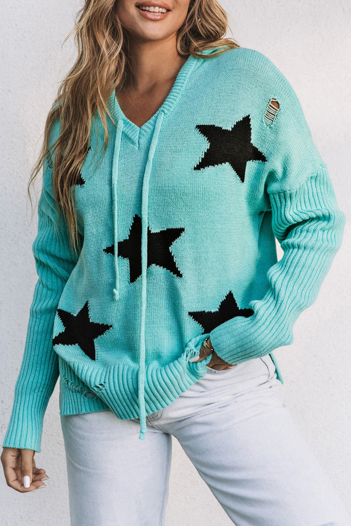 Green V Neck Star Pattern Hooded Sweater with Slits