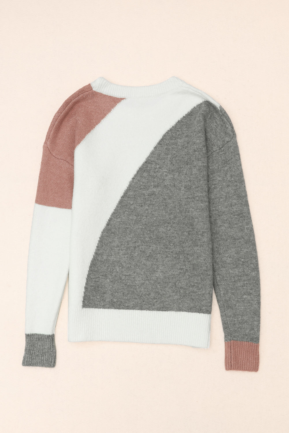 Gray Colorblock Ribbed Trim Round Neck Sweater