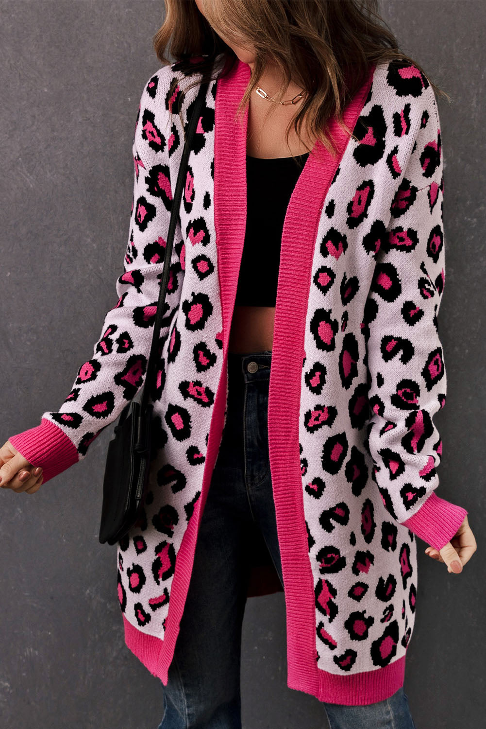 Rose Leopard Ribbed Trim Knitted Open Front Long Cardigan