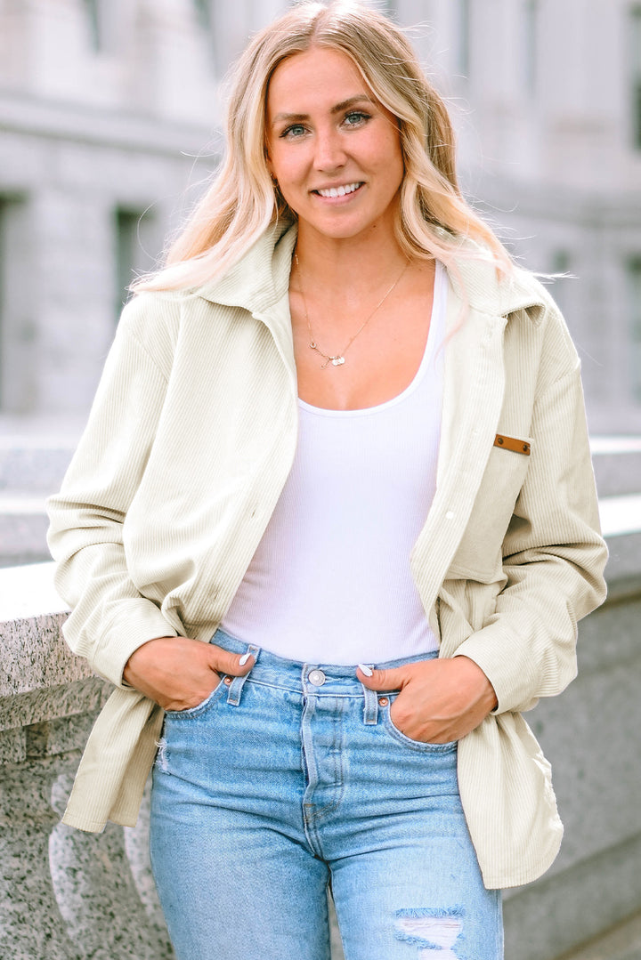 Beige Corduroy Buttoned Front Pocketed Shacket