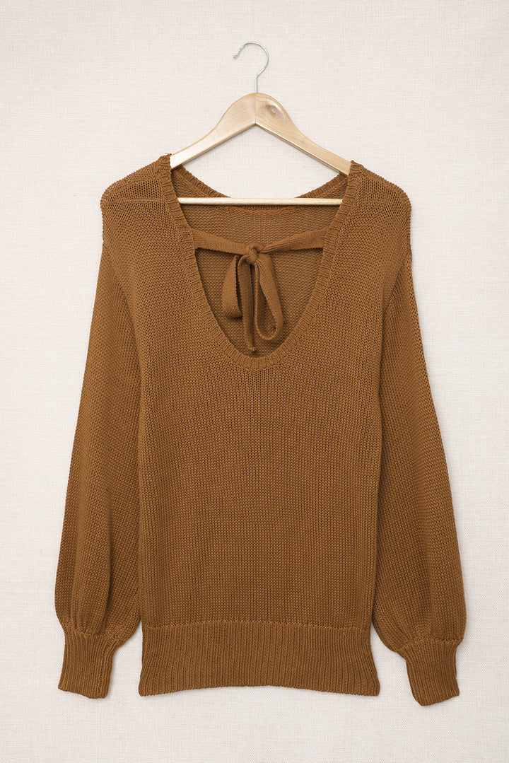 Brown Drop Shoulder Back Cut-out Sweater with Tie