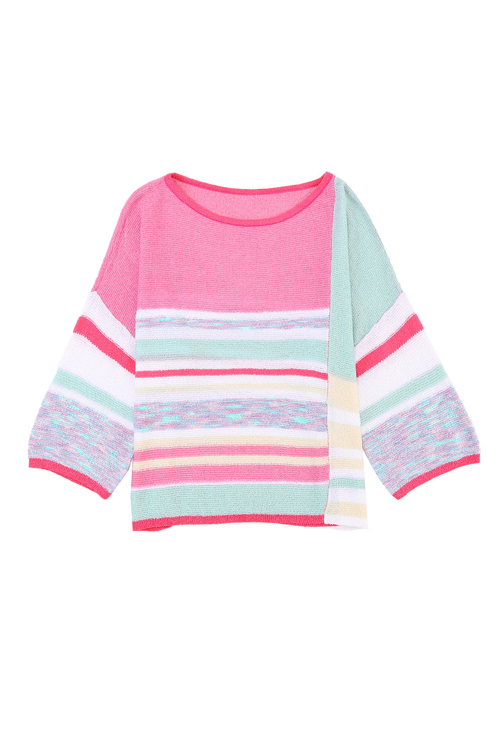 Pink Color Block Striped Three-Quarter Sleeve Knitted Top