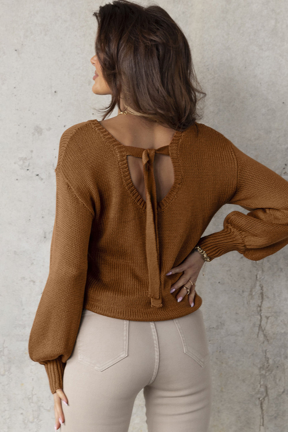 Brown Drop Shoulder Back Cut-out Sweater with Tie