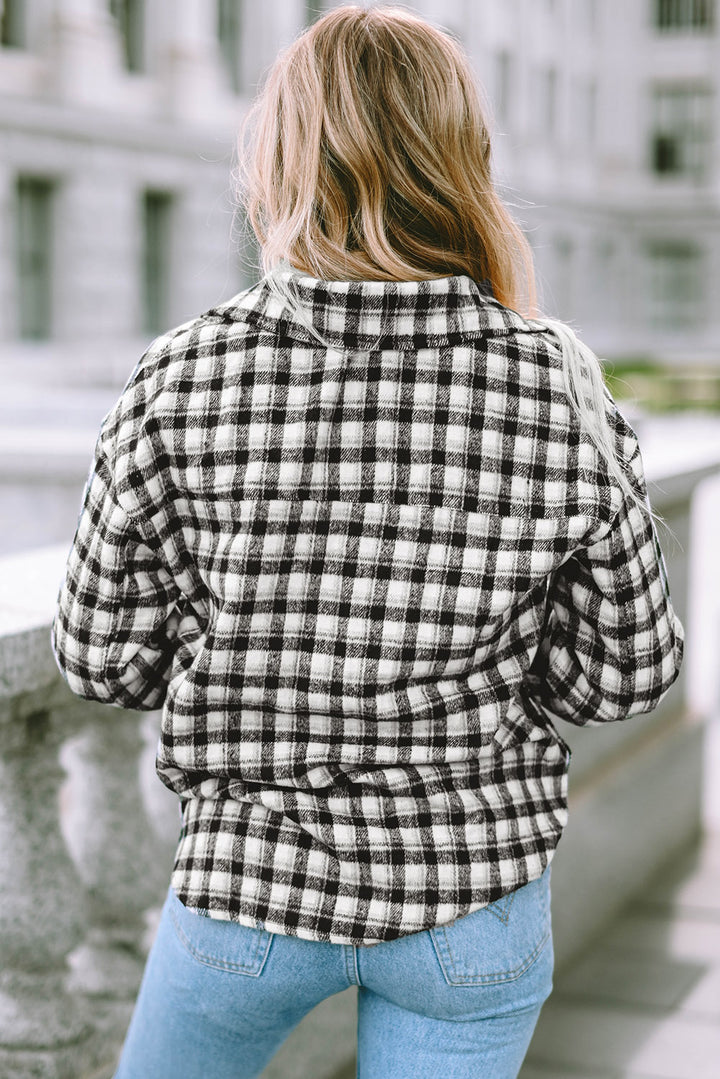 Black Plaid Print Chest Pockets Buttoned Tunic Shacket