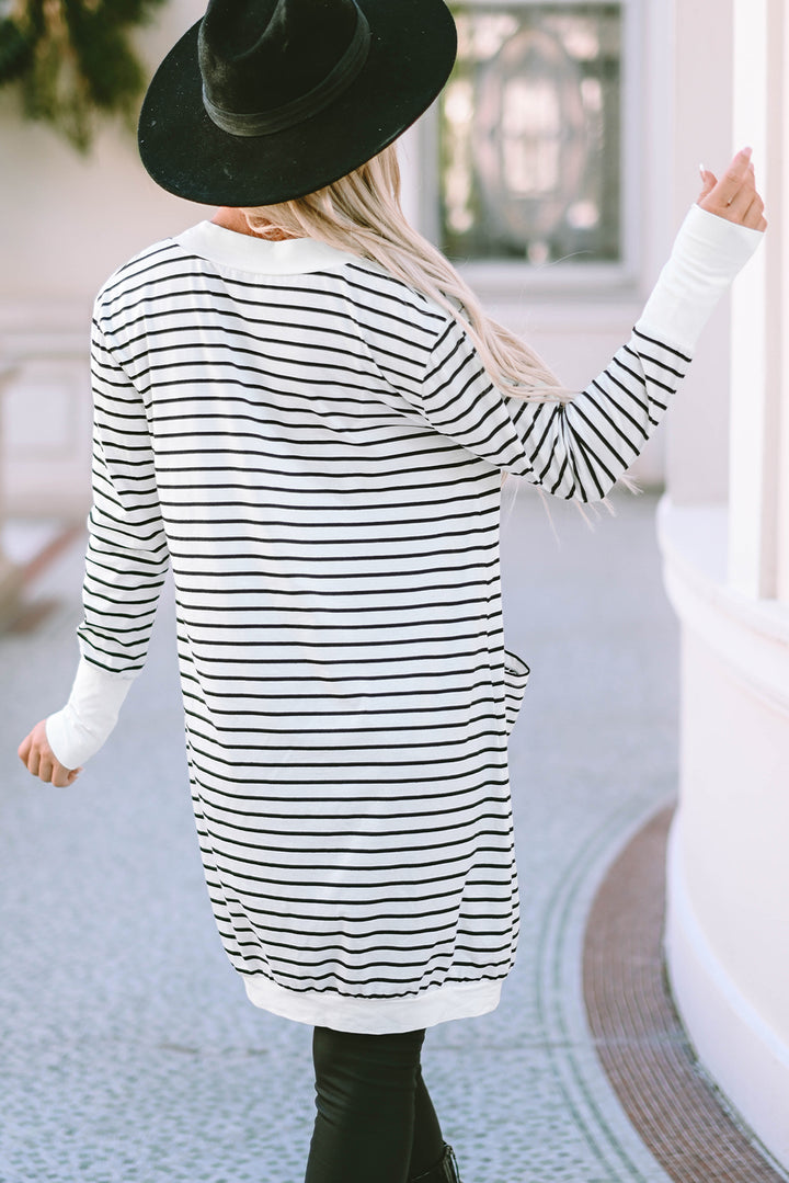 White Striped Side Pockets Open Front Cardigan