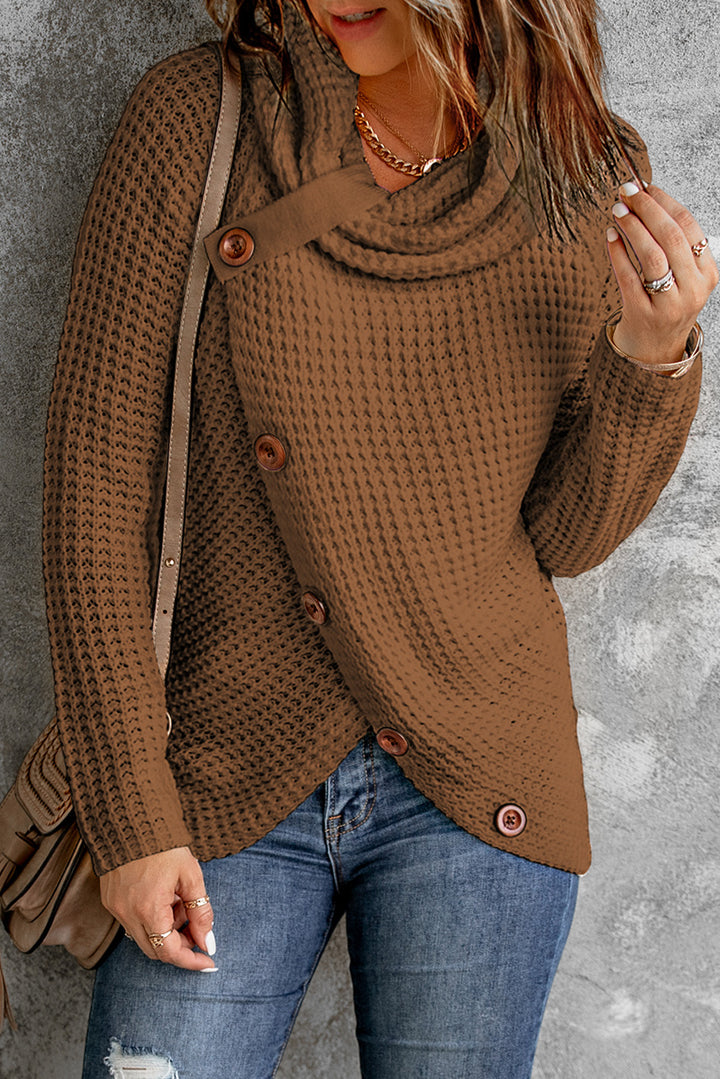 Khaki Buttoned Wrap Turtleneck Sweater