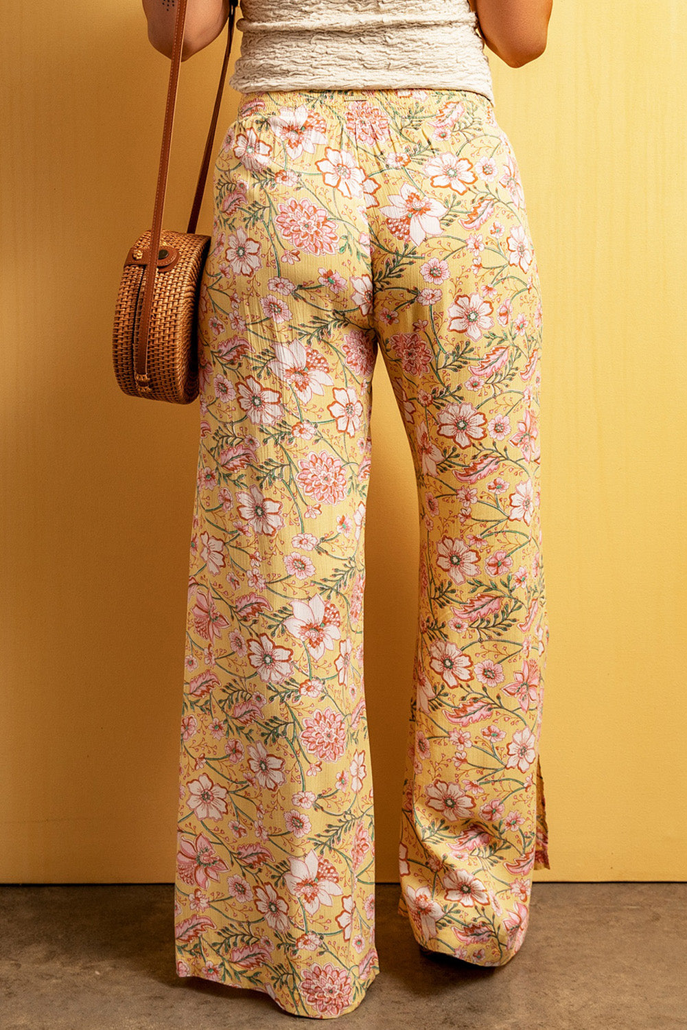 Yellow Floral Print High Slit Wide Leg Pants