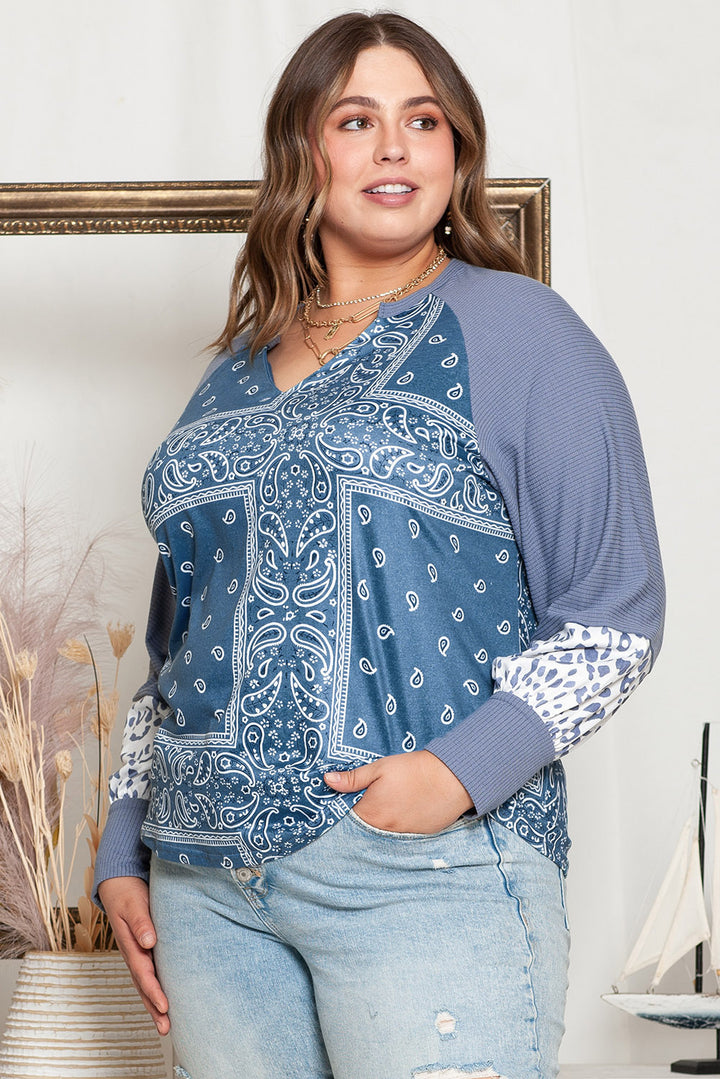 Sky Blue Leopard Paisley Patchwork Split Neck Plus Size Top