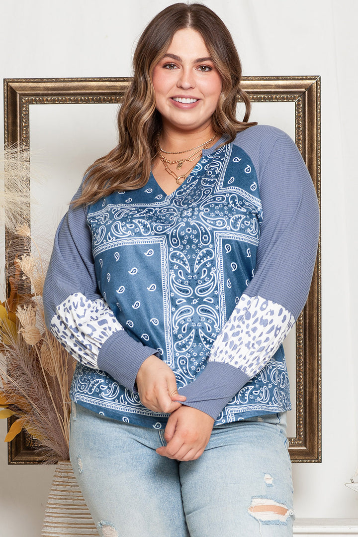 Sky Blue Leopard Paisley Patchwork Split Neck Plus Size Top