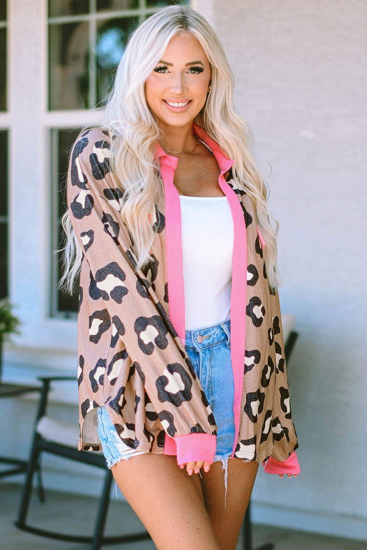 Leopard Ribbed Contrasting Trim Collared Jacket