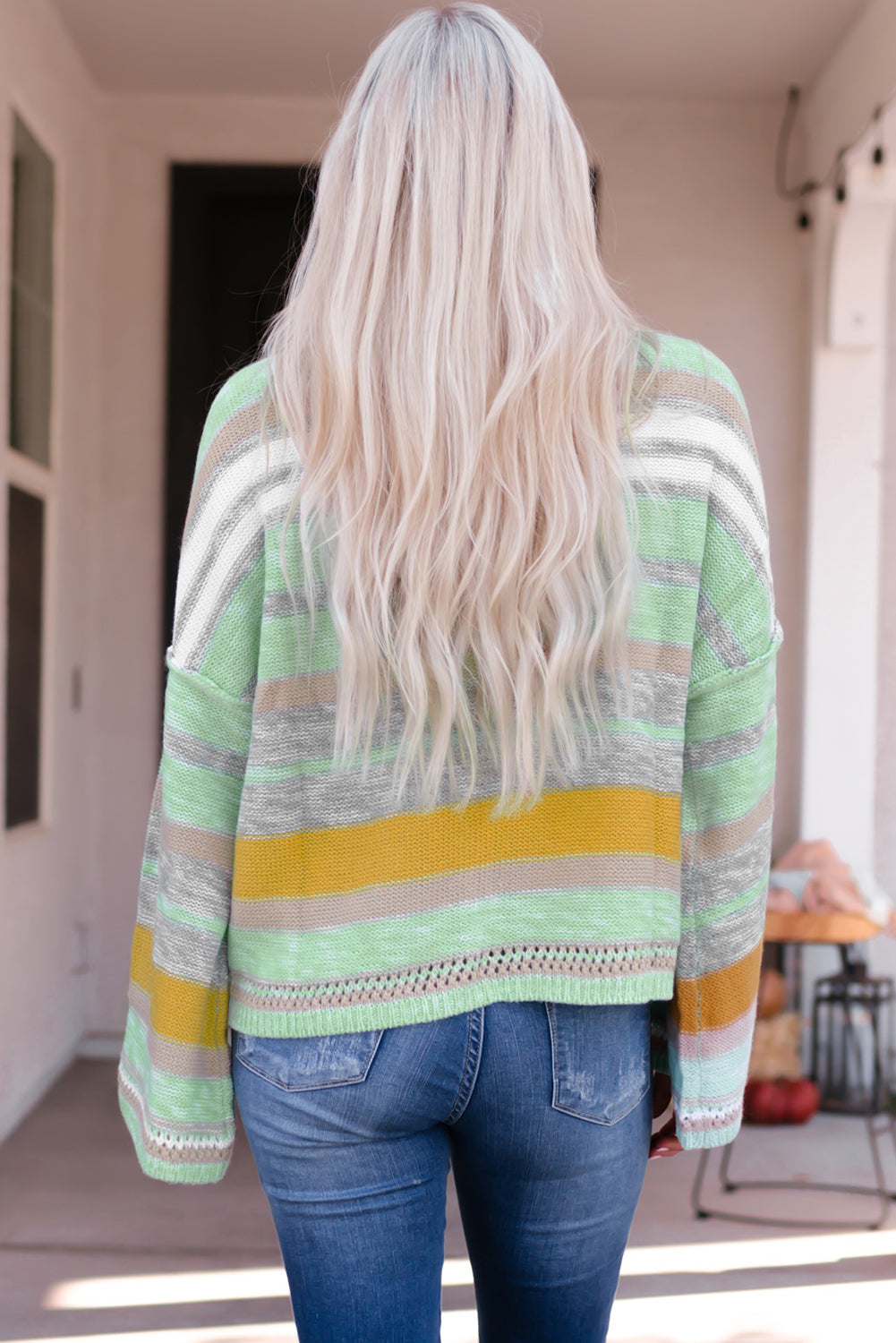 Green Striped Bell Sleeves Loose Sweater