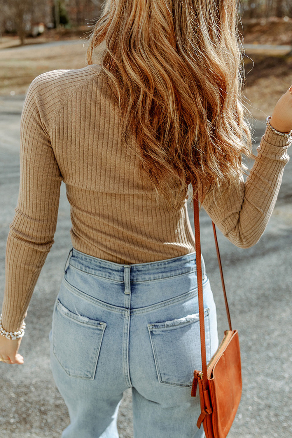 Apricot Ribbed Knit Round Neck Sweater