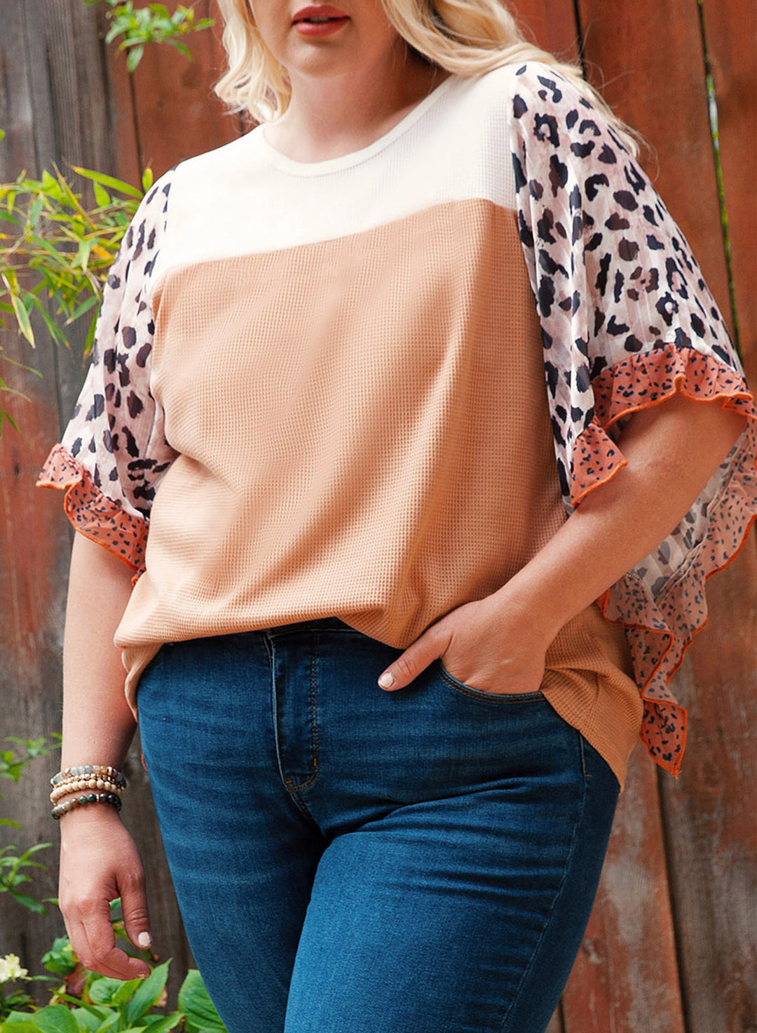 Khaki Waffle Knit Animal Print Ruffle Sleeves Plus Size Top