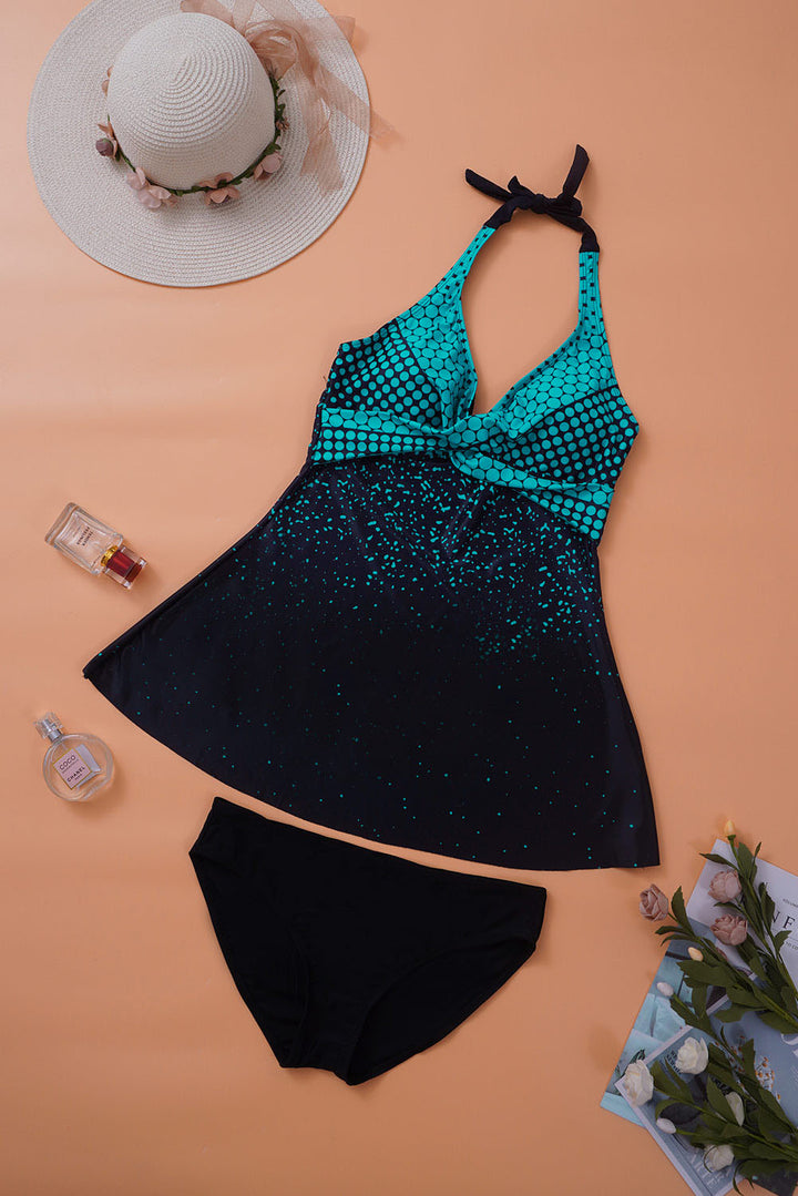 Turquoise Dot Print Halterneck Tankini Set