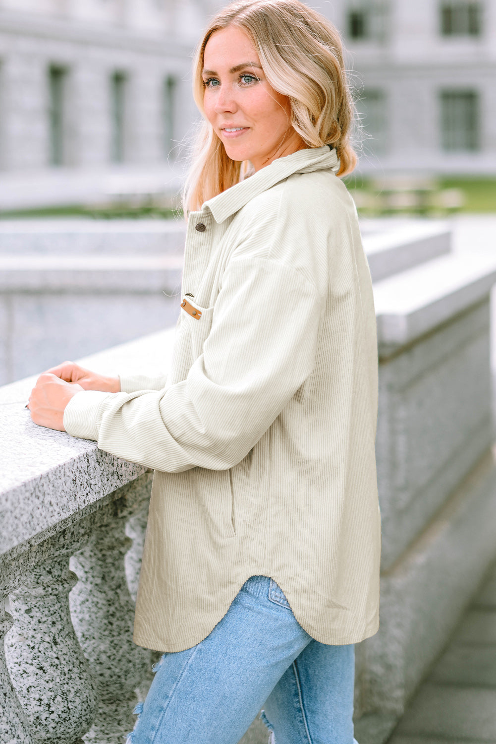 Beige Corduroy Buttoned Front Pocketed Shacket