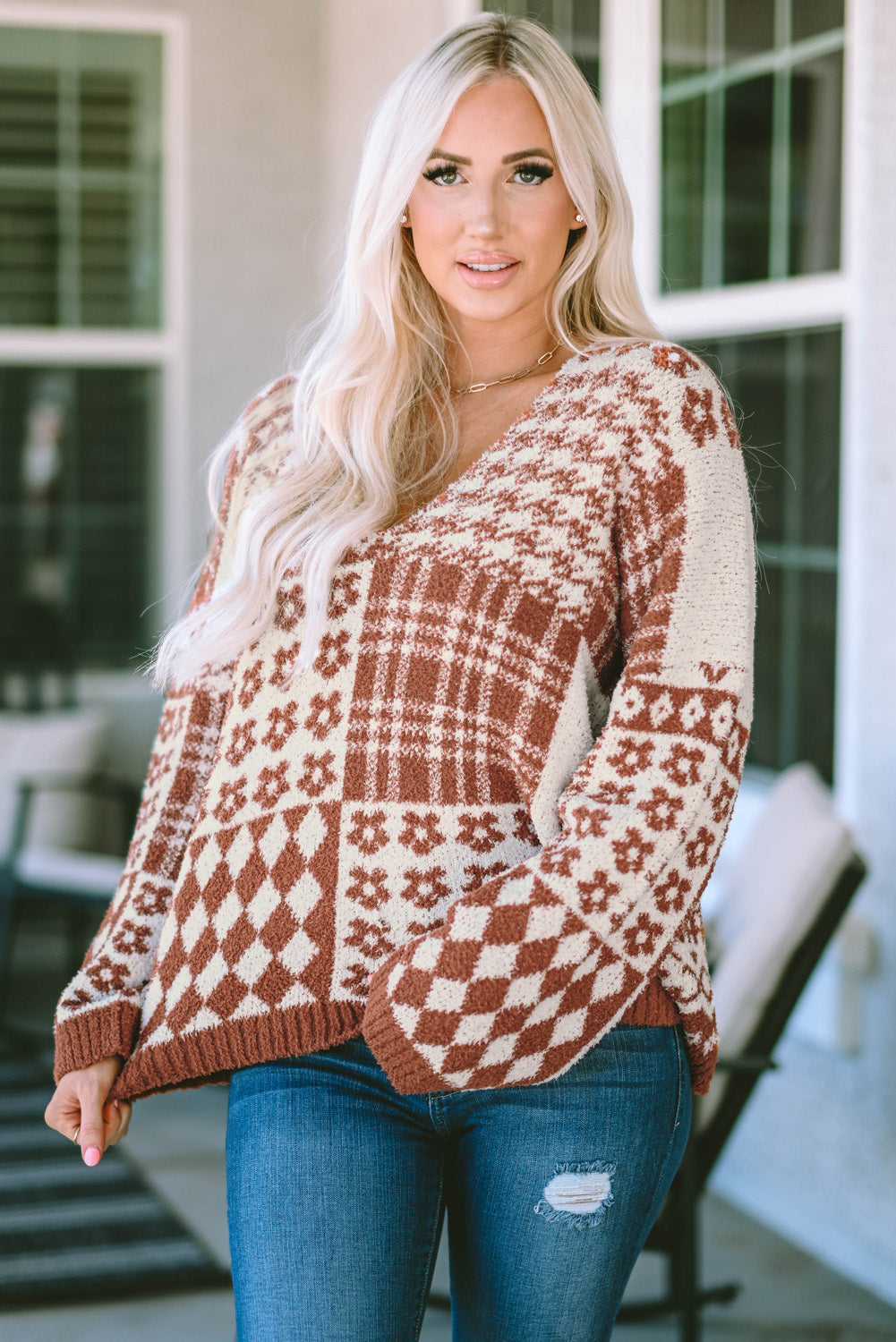 Brown Mixed Pattern V-Neck Oversized Sweater