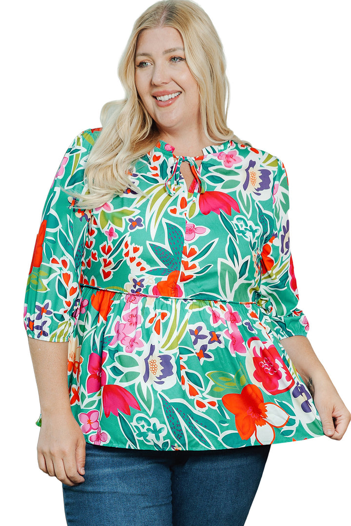 Multicolor Floral Tie Split Neck Plus Size Peplum Blouse