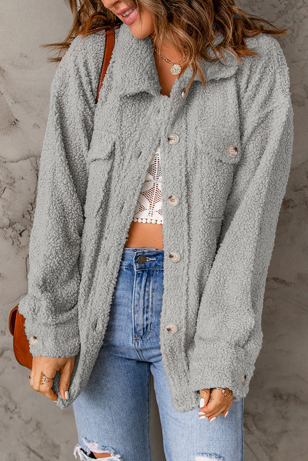 Gray Flap Pockets Button Front Teddy Jacket