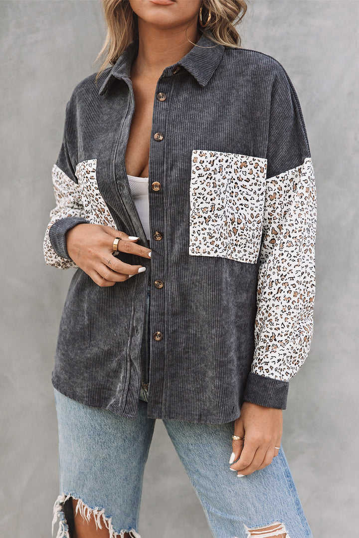 Gray Leopard Patchwork Corduroy Buttoned Shirt Jacket