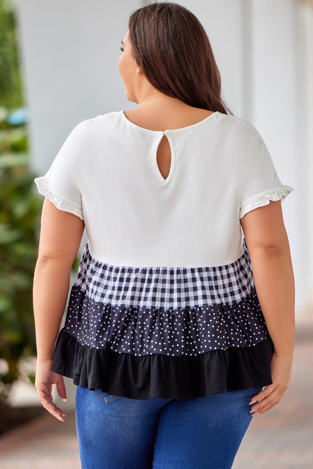 White Plaid Dot Ruffled Plus Size Babydoll Top