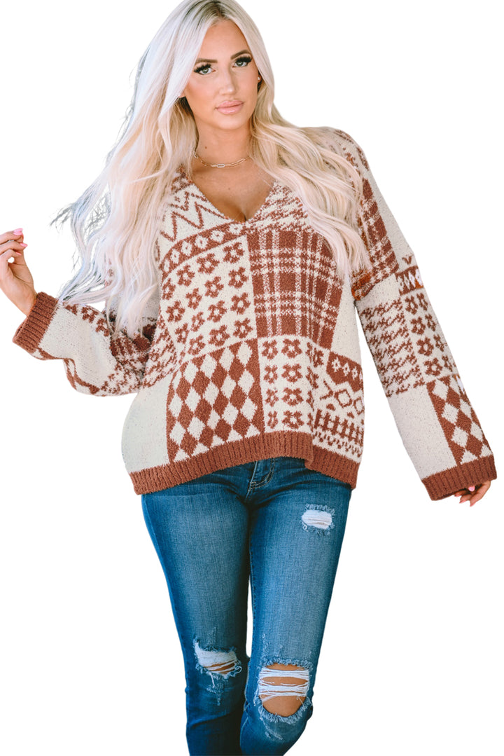 Brown Mixed Pattern V-Neck Oversized Sweater