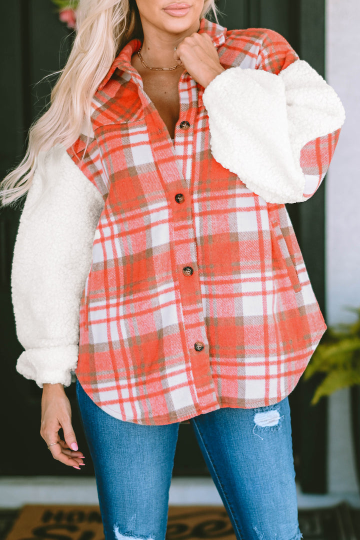 Red Sherpa Sleeve Plaid Print Shacket