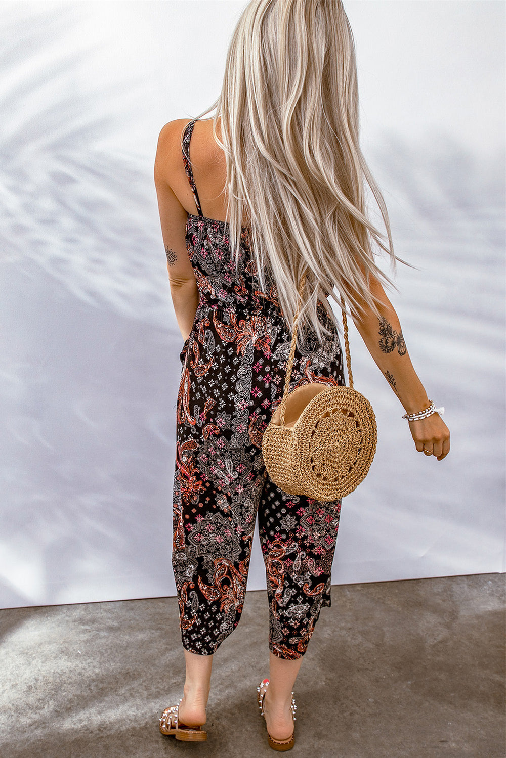 Black Mixed Paisley Print Cropped Jumpsuit