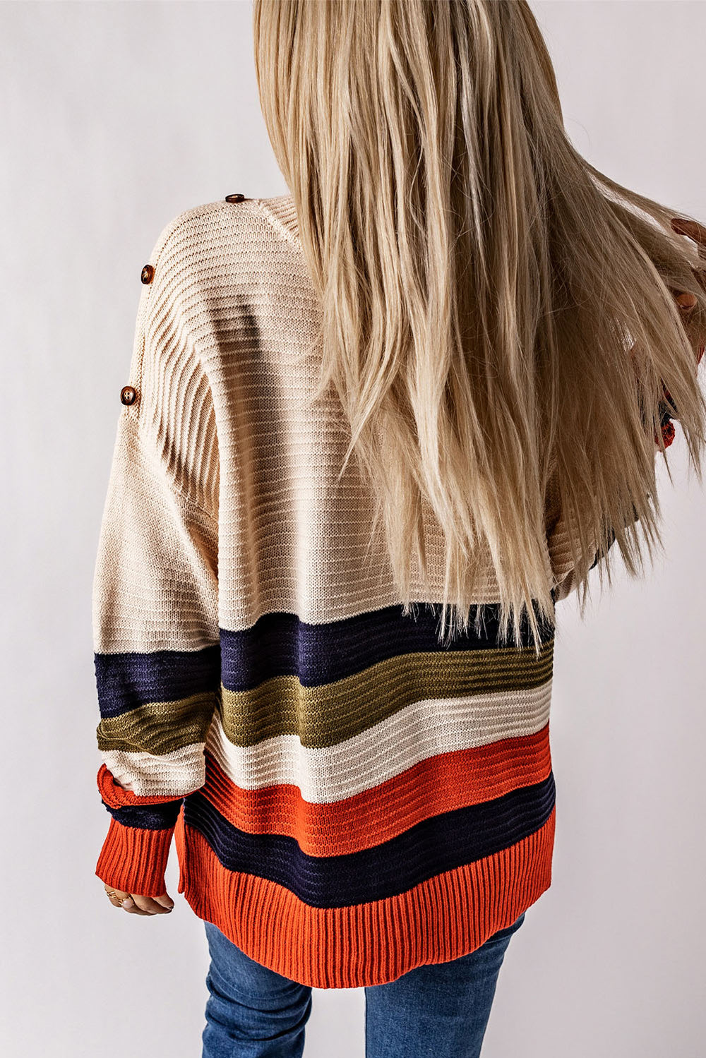 White Buttoned Shoulder Drop Shoulder Striped Sweater