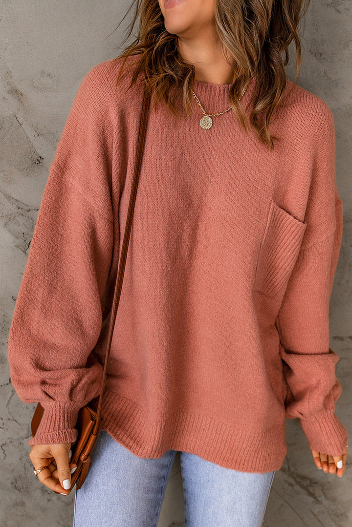 Solid Color Puffy Sleeve Pocketed Sweater