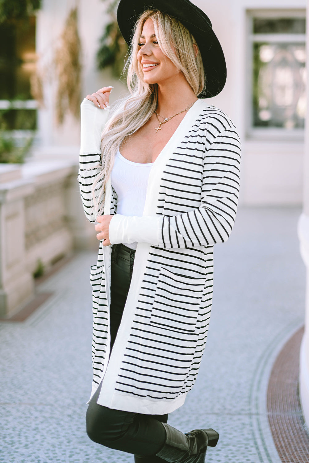 White Striped Side Pockets Open Front Cardigan